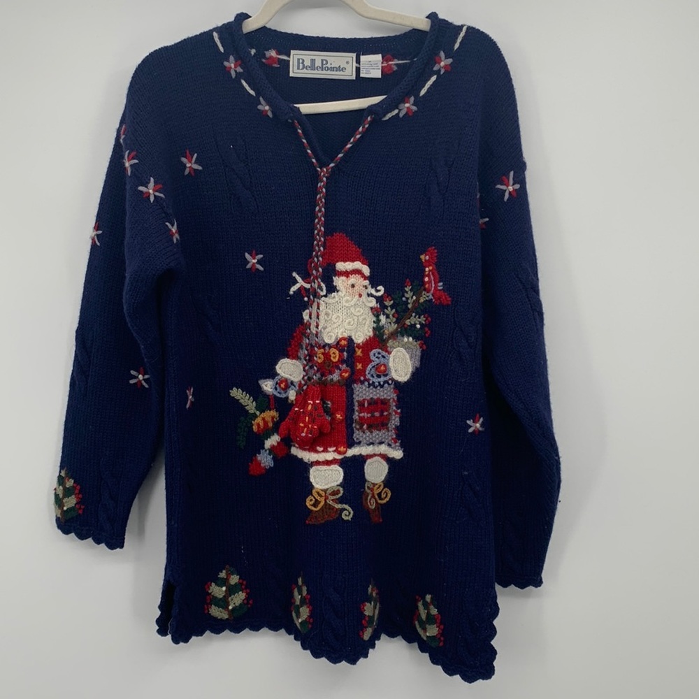 Vintage Belle Pointe Christmas Sweater 100% Wool Santa Claus Embroidered Size M